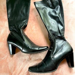 Unknown brand size 9 black pleather boots with 3” heel